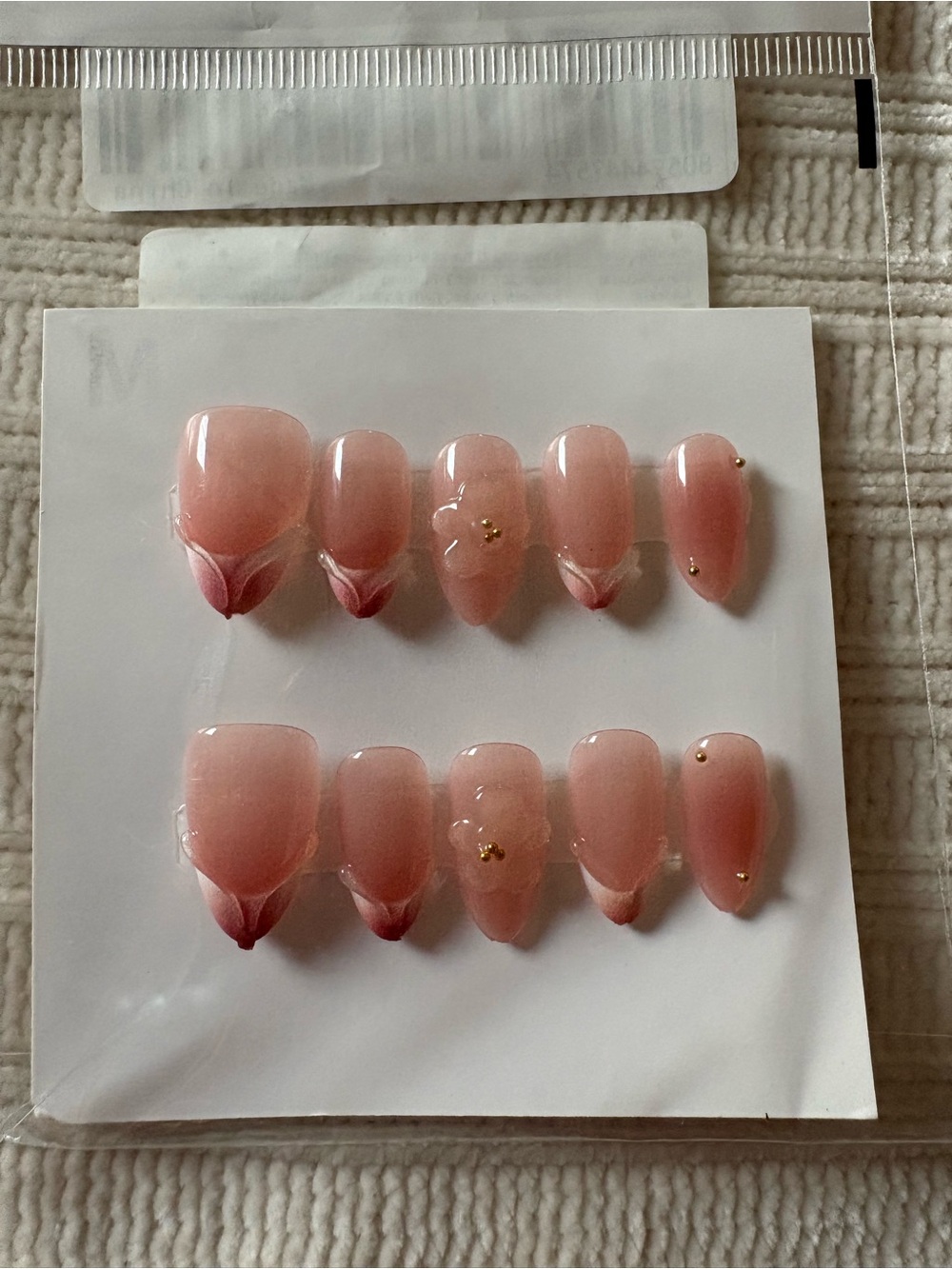 Press-On Pink Ombre Nail Set with Gold Accent 3D Flower Size Medium